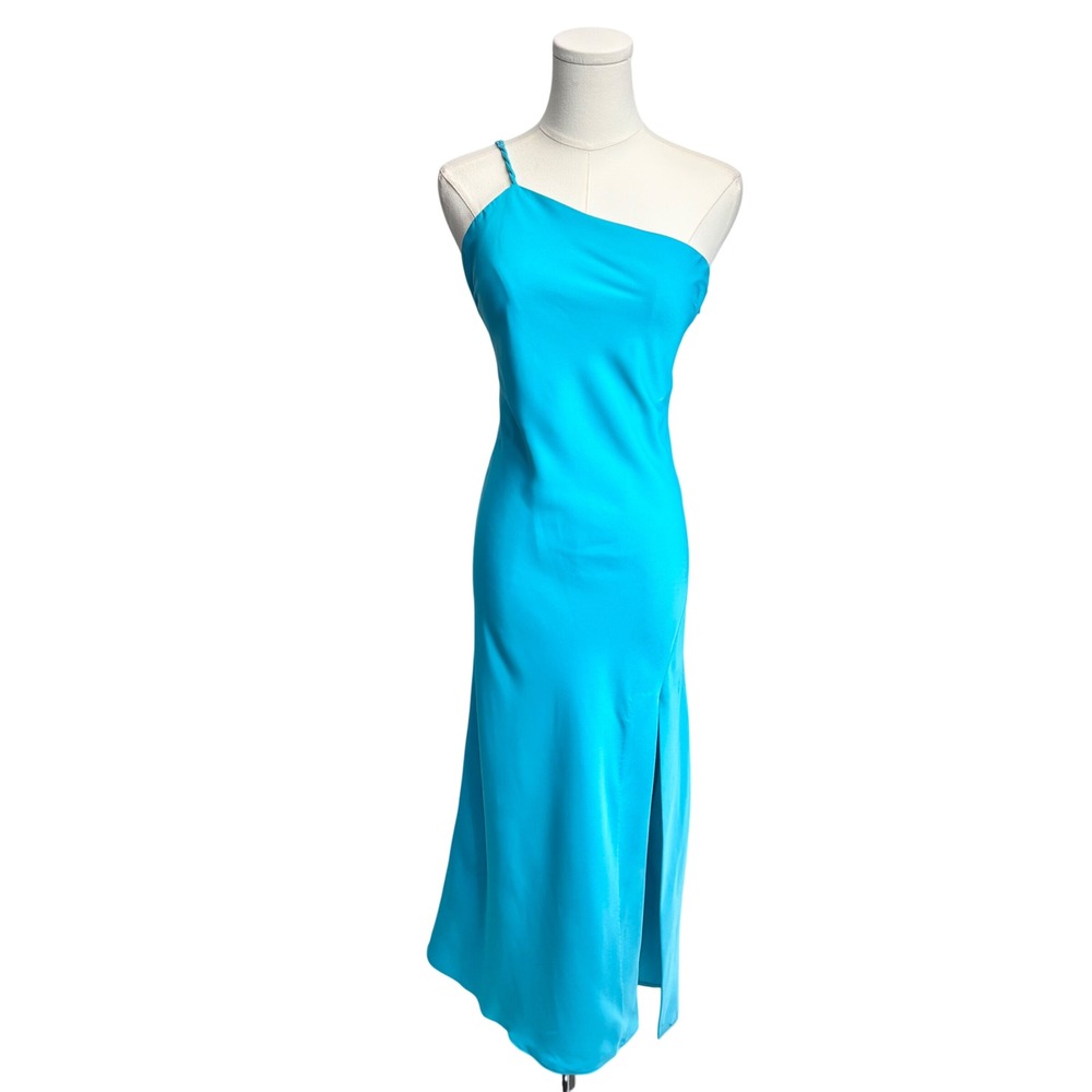 MISHA Dress Midi Maxi Capri Blue One Shoulder Asymmetric Slit Party Formal Sz 8